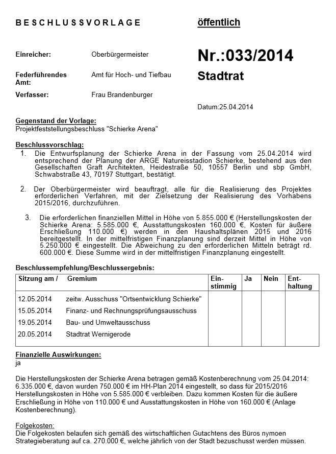 Beschlussvorlage Schierke-Arena